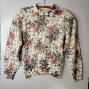 De Rotchild Vintage Floral Silk Angora Blend Mock Neck Sweater Womens Large Lux